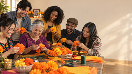 Fototapeta premium Diverse family members gather around a table crafting vivid orange and yellow marigold flower decorations in a warm, sunlit home.