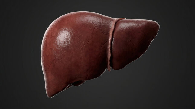 Detailed 3D rendering of human liver anatomy against a dark background