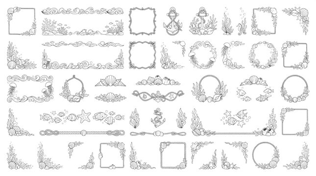 Set of nautical themed frames borders decorative elements with shells and anchors in black and white sea borders marine elemen