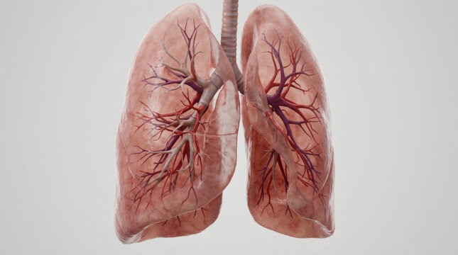 Detailed 3D rendering of human lungs showing airways and blood vessels