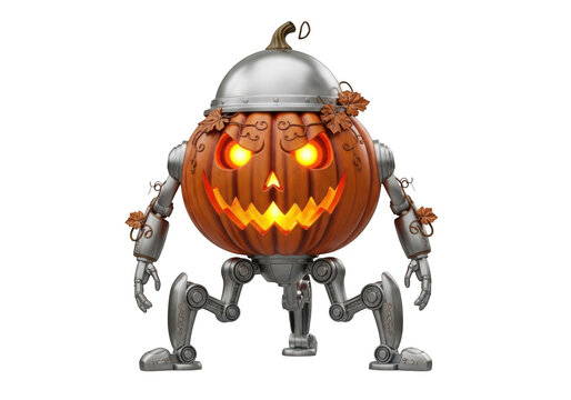 Spooky robot pumpkin character with glowing eyes for halloween celebration