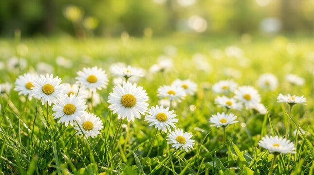 White flower blossoms in margarite style scattered across a green meadow with copy space