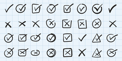 Hand drawn doodle check mark icon set, circle and square tick symbol. hand drawn doodle check mark, grunge brush vector and Hand drawn checkmark © icon studio 333