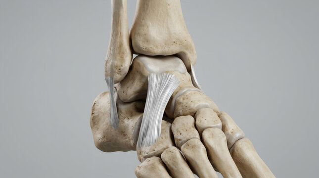 Detailed anatomical close up of human ankle bone structure and ligaments