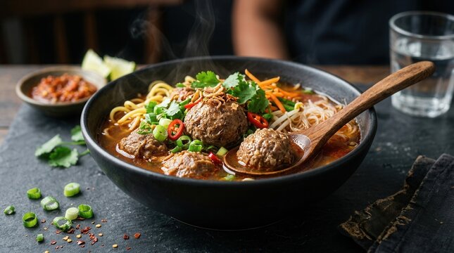 Full serving of bakso with succulent meatballs and spicy toppings