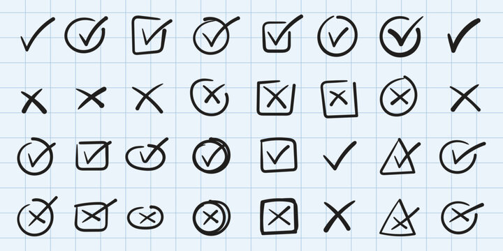 Hand drawn doodle check mark icon set, circle and square tick symbol. hand drawn doodle check mark, grunge brush vector and Hand drawn checkmark