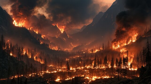 Wildfire burning across a forested landscape beneath dark smoke, environmental disaster, climate danger, destructive fire, emergency crisis.