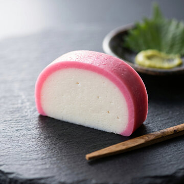 A single slice of pink and white Japanese kamaboko fish cake served on a black stone plate.