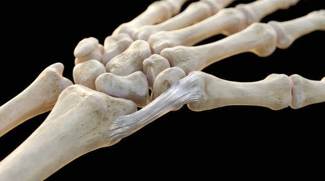Detailed close up view of human hand anatomy featuring bones and ligaments