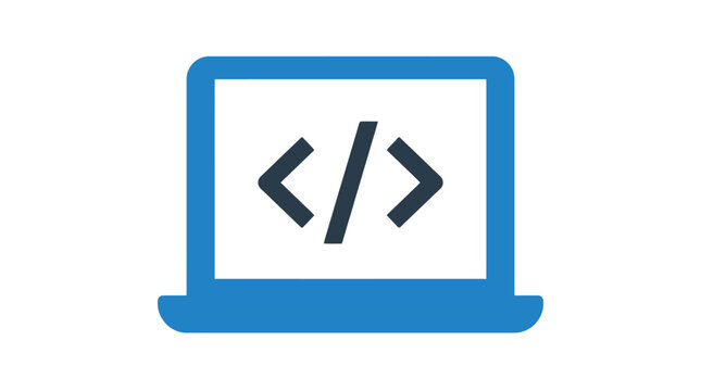 Blue laptop icon featuring simple coding brackets for software development on a clean white background screen