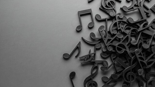 Scattered black musical notes on a dark gray background, rhythmic symbols, music concept, artistic arrangement of musical notation
