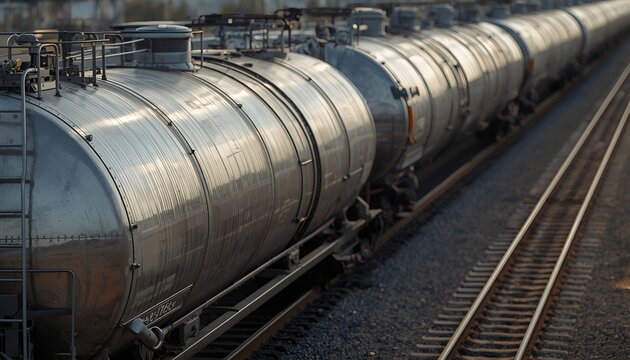 Detailed Realistic Silver Railway Tank Car Train for Freight Liquid Transport, Long Industrial Cargo Railroad with Metallic Cylindrical Cars and Tracks