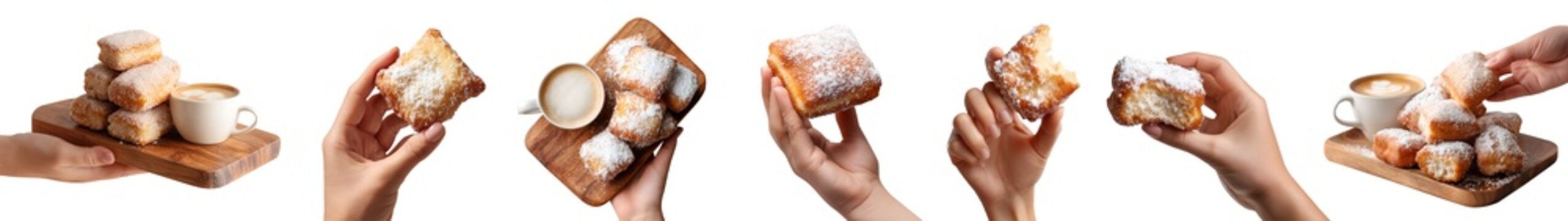 Set of hand holding powdered sugar Beignet, square fried donuts doughnut choux dough pastry, serving board with latte coffee, pile stack bitten, transparent cutout PNG Mockup