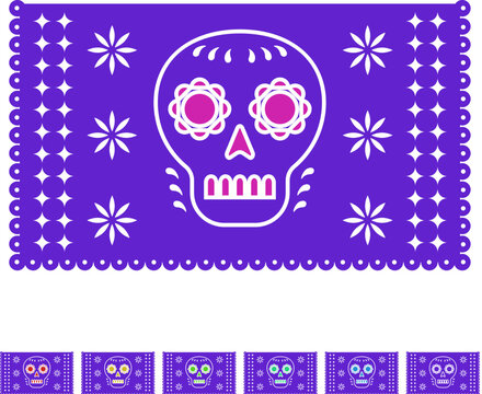 Papel picado banner displaying a decorative sugar skull and floral patterns, representing traditional mexican culture, day of the dead, and festive celebration