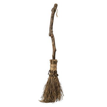 Rustic handmade witch broom with a natural wooden handle isolated on transparent background
