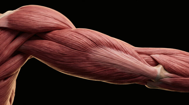 Detailed human arm muscle anatomy render showing fiber structure and tissue