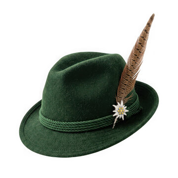 Traditional green tyrolean hat with feather and edelweiss pin isolated on transparent background