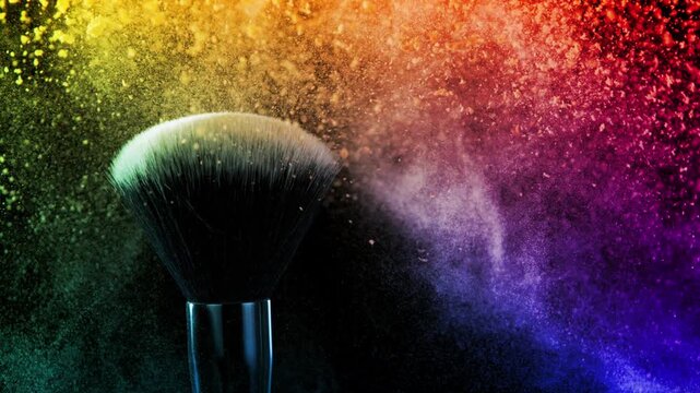 Colorful Makeup Powder Flying from Cosmetic Brush in Super Slow Motion at 1000 fps.