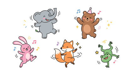 Obraz premium Cute Dancing Animals Vector Illustration Set with Playful Elephant Bear Bunny Fox and Frog Celebrating for Kids Designs