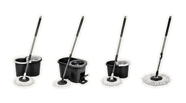 spin mop retro halftone set , clean white border outline PNG