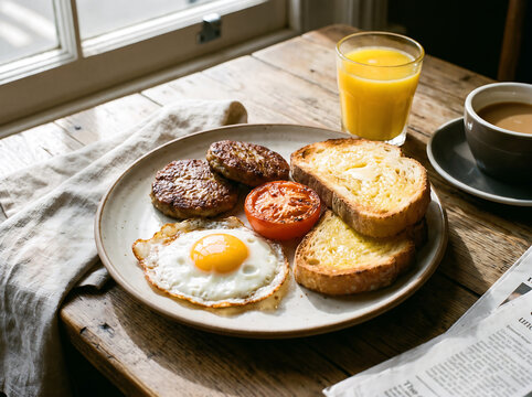 Fried egg breakfast platter with toasted bread and orange juice on a rustic wooden table by a window