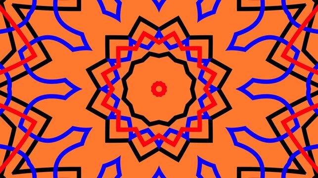 Ornate orange circular mandala kaleidoscope pattern with red blue black geometric lines.