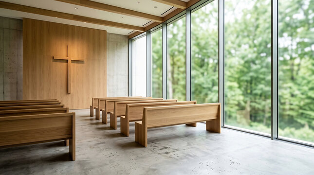 Modern church interior with wooden pews cross and large window facing forest for religion concepts