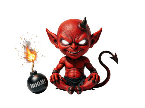 Little red devil character sitting next to a lit bomb isolated on transparent background
