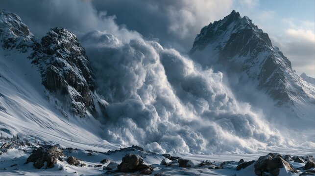 Powerful avalanche rushing down a steep snowy mountain, winter danger, extreme nature, alpine disaster, dramatic wilderness.