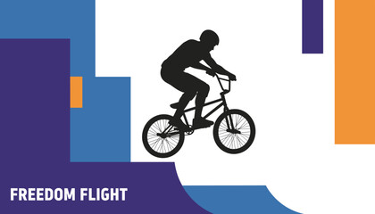 Fototapeta premium Black silhouette of a bmx rider performing a jump on a modern geometric blue and purple background with text.