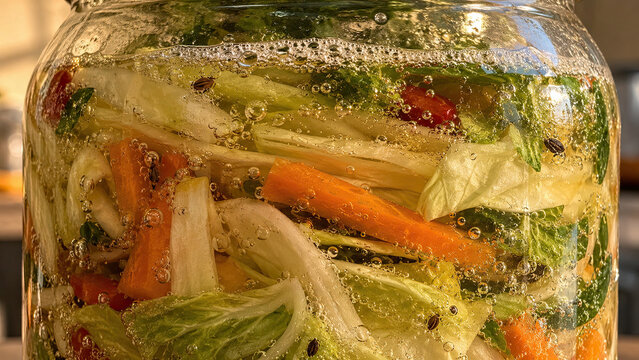 Close-up of a glass jar filled with fermenting vegetables submerged in brine, small bubbles rising through the liquid. Active fermentation science concept