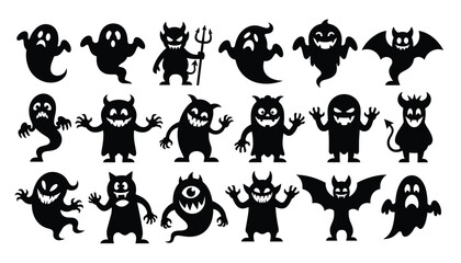 Obraz premium Collection of spooky Halloween character silhouettes including playful ghosts, cute monsters, bats, and devils.