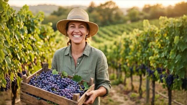 Happy woman farmer in straw hat holding wooden crate of ripe blue grapes in sunny vineyard at sunset. Grape harvest season, winemaking and agriculture concept.