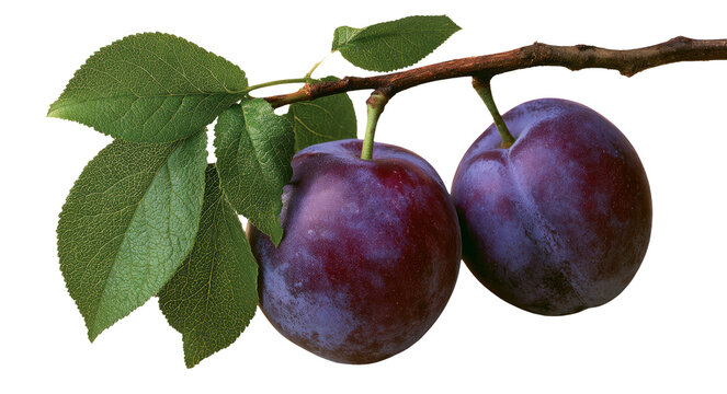 Isolated Fresh Purple Plums on Branch