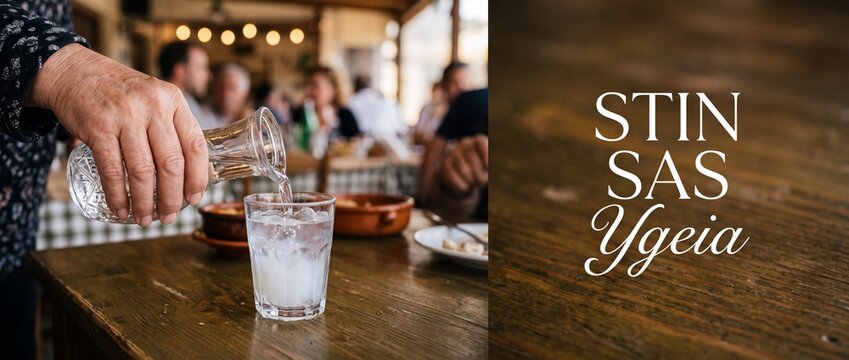 Hand pouring ouzo over ice into glass at traditional greek tavern restaurant setting with blurred diners eating mediterranean meze celebrating rustic dining culture with stin ygeia sas text on wood.
