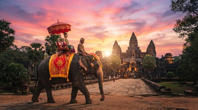 Two mahouts ride an ornately draped elephant with tusks, led along a dirt path past ancient brick temple stupas at sunset, a fringed red-and-gold umbrella shading the front rider, with a dramatic pink