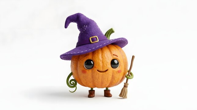 Cute pumpkin character dressed as a witch with purple hat