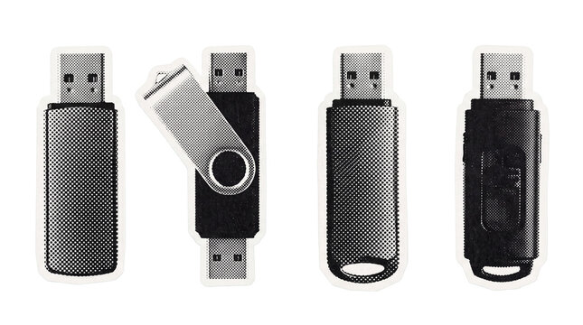usb flash drive retro halftone set , clean white border outline PNG