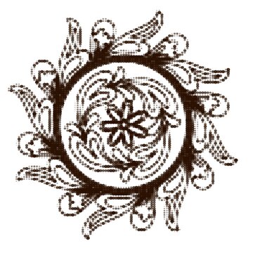 Round ornament in halftone style. Vector brown floral rosette made of dots in traditional folk style