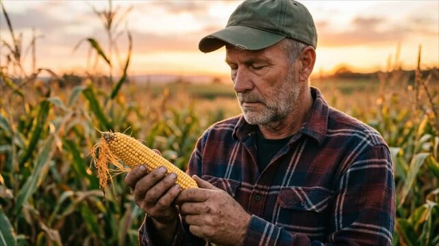Senior farmer in cap and plaid shirt examining corn cob in field at sunset. Man harvesting maize crop on agricultural land.