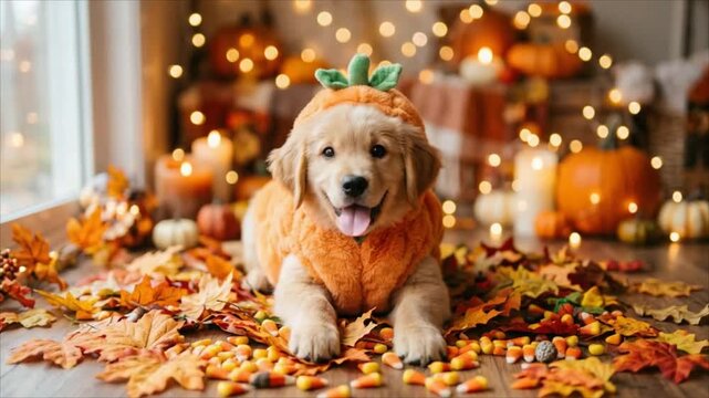 Cute golden retriever puppy wearing pumpkin costume lying among autumn leaves and candy corn.