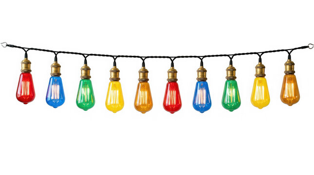 String of colorful vintage edison light bulbs isolated on transparent background