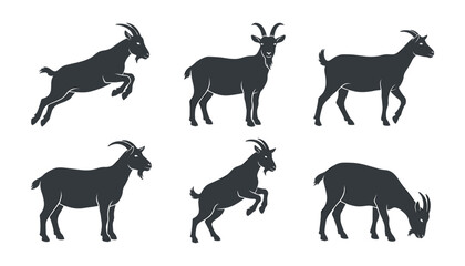 Obraz premium Goat Silhouette Vector Set with Various Poses Including Jumping Standing and Grazing for Farm and Wildlife Logo Designs