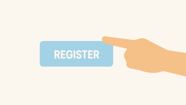 A light blue register button is being touched by a human hand signup enroll join account form submit interface