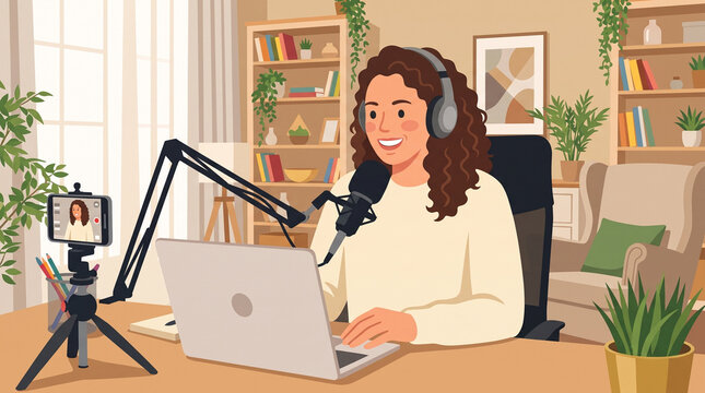 Woman Working on Laptop and Podcasting at Home Studio, Flat Design