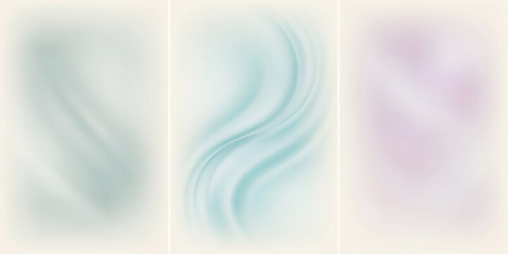 Three vertical panels featuring abstract soft wavy lines in pale blue, teal, and light purple