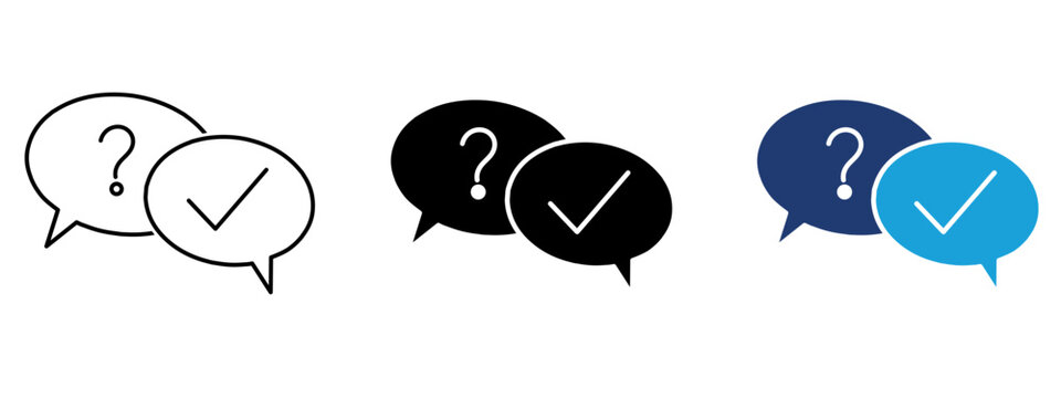 Speech bubbles with question mark and check mark icon. Symbol of questions and answers, Q&A, problem solved, customer support, inquiry resolved, FAQ response, decision, and help desk.