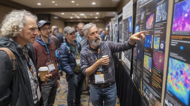 Group of astronomers engaged in a lively discussion at an international conference, examining vibrant astrophysical posters showcasing cosmic phenomena, with a focus on collaboration and scientific ex