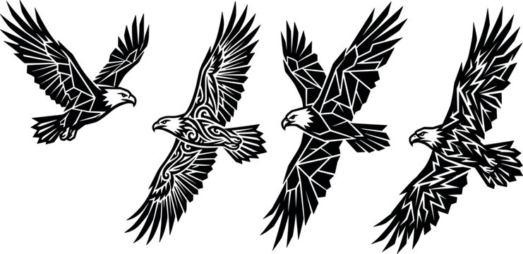 Geometric tribal eagle silhouettes flying geometric abstract birds of prey vector set bundle