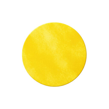 A standalone, vibrant primary yellow watercolor circle with microscopic pigment granulation texture, rendered in photorealism on a transparent background. Concept of visual simplicity and purity